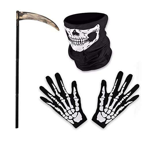 O-Kinee Halloween Kostüm Set, Sensenmann-Set enthält Sense Schädelmaske, Sensenmann, Accessoire, Zubehör Unisex Sensenmann für Halloween Party Dekoration Cosplay, Mottoparty, Karneval von O-Kinee