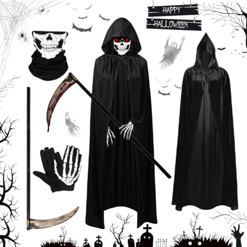 O-Kinee Kostüm Sensemann, Halloween Schwarzer Umhang, Ghost Kostüm Sensenmann Herren mit Kapuze, Unisex Kostüm Grim Reaper für Halloween Party Dekoration Cosplay von O-Kinee