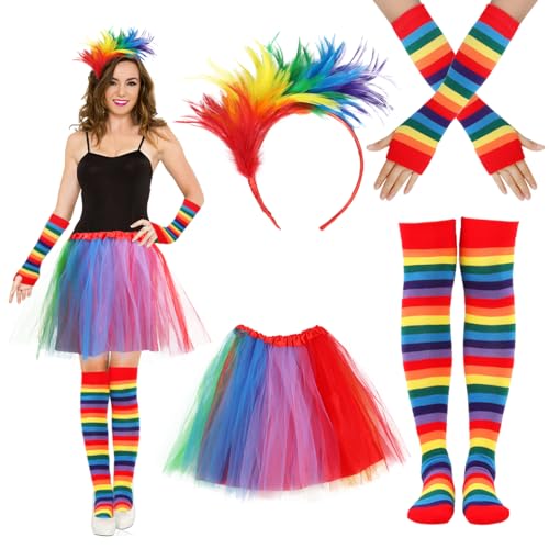 O-Kinee Regenbogen Faschingskostüme Damen mit Regenbogen Tüllrock,Regenbogen Haarreif,Bunt Kniestrümpfe Handschuhe,Regenbogen Kostüm für Karneval,Halloween,Fasching,Mottoparty von O-Kinee