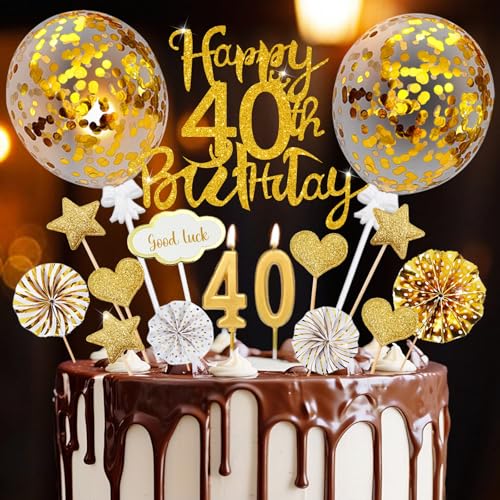 Torten Deko 40 Geburtstag Männer Frauen, 20 Pcs Happy Birthday Tortendeko Gold Deko 40 Geburtstag Mann, 40. Cake Topper mit Geburtstagskerzen, für 40 Geburtstag Deko Geburtstagskuchen Deko von O'meFun