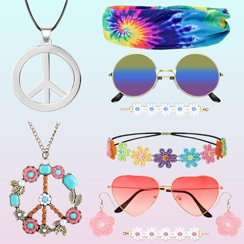 O'meFun Hippie Kostüm Damen Herren, 9 Stück Paare Hippie Accessoires - Peace Halskette, Flower Power Accessoires, Buntes Hippie Stirnband, Hippie Brille, Karneval 60er 70er Jahre Kostüm Zubehör von O'meFun