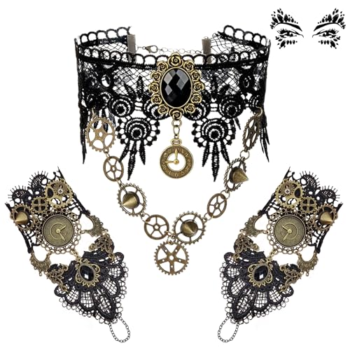 O'meFun Steampunk Accessoires, Steampunk Halskette Armbänder mit Gesichtsaufkleber, Retro Steampunk Zahnräder Karneval Accessoires für Steampunk Kostüm Damen, Karneval Party Motto Cosplay Party von O'meFun