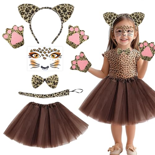 O'meFun Leoparden Kostüm Kinder, 6-Teiliges Karneval Kostüm Kinder 6 Pcs, Leoparden Ohren Haarreif Schwanz Fliege Handschuhe Tutu Rock Leopard Gesichtstattoo für Fasching Karneval Party Cosplay von O'meFun