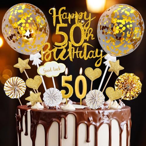 Torten Deko 50 Geburtstag Mann Frau, 20 Pcs Happy Birthday Tortendeko Gold Deko 50. Geburtstag Mann, 50th Cake Topper mit Geburtstagskerzen, für 50 Geburtstag Deko Geburtstagskuchen Deko von O'meFun