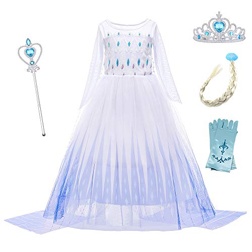 O.AMBW Eiskönigin Kostüm Elsa Kleid Mädchen Kinder Weißes Prinzessinnen-Kostüm Anna Kleid mit Zubehör Cosplay Fasching Geburtstag Verkleidung Party Karneval Halloween Weihnachten, Weiß, 130 von O.AMBW