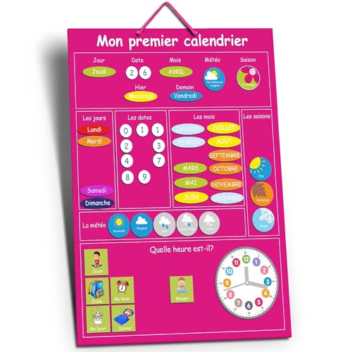 O³ Mon Premier Kalender für Kinder, Lernkalender, magnetisch, für Kinder, französisch (Rosa) von O³