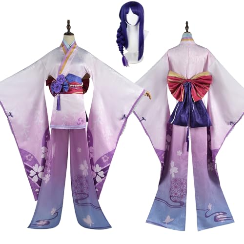 OAKITA Genshin Impact Cosplay Set,Spiel Charakter Raiden Makoto Cosplay Uniform Full,Halloween Karneval Party Kleid,Mit Perücke,Frauen Mädchen Dress Up,Weiß,L von OAKITA