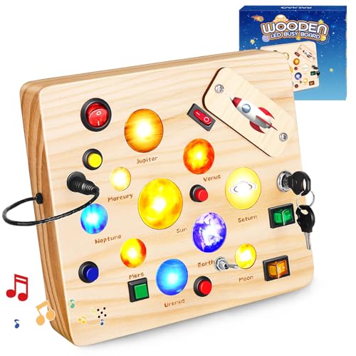 OAKJAR Montessori Busy Board Spielzeug ab 1 2 3 Jahr, Activity Board Holzspielzeug mit 12 Schaltern, 10 LED-Lichtern und Kleinkindermusik Motorikspielzeug für Babys Kleinkinder Jungen Mädchen von OAKJAR