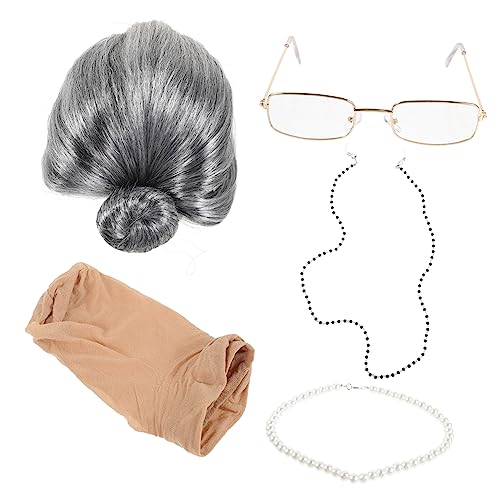 OATIPHO 1 Satz Oma Perücke Set Brille Einer Alten Dame Kinderkostüm Alte Dame Performance-Requisiten Brillenketten Für Damen Stylisch Kleid Einer Alten Dame Brillenbänder Für Damen P Seide von OATIPHO