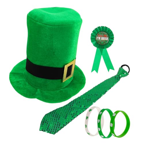 OATIPHO St. Patrick's Day Kostüm Foto-requisite Grüner Irischer Zylinder Set Krawatte Abzeichen Armband Festliches Irisches Outfit von OATIPHO