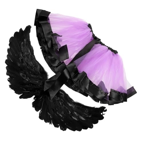 OATIPHO 1 Set Halloween Cosplay Tutu Kleid Mit Flügeln Für ädchen Schwarze Federflügel Und Bedruckter Netzrock Kostümzubehör Für Zur Halloween Party von OATIPHO