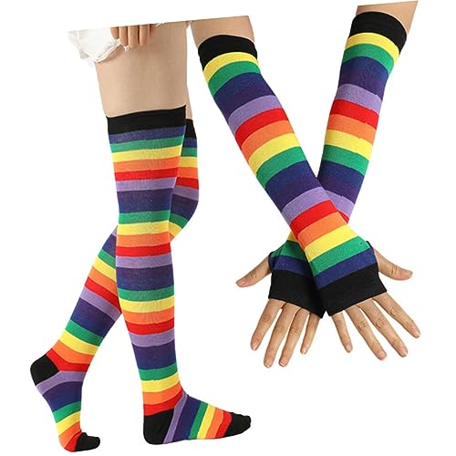 OATIPHO Oberschenkelhohe Socken und Handschuhe 2-teiliges Set Aus Regenbogenmaterial für Halloween-kostüme und Fotosessions von OATIPHO