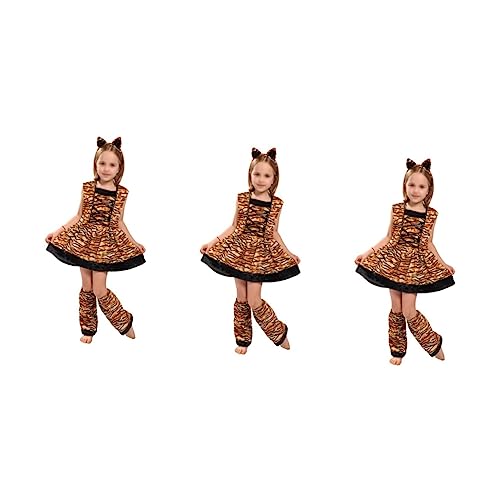 OATIPHO 3 Sätze Performance-Kleidung Tiger Verkleidung Kinder Rollenspiel-Kostüm für Kinder Kinderkleidung für Mädchen Mädchen-Nachthemd Kostüm für Rollenspiele Tiger-Cosplay-Kostüm Brown von OATIPHO