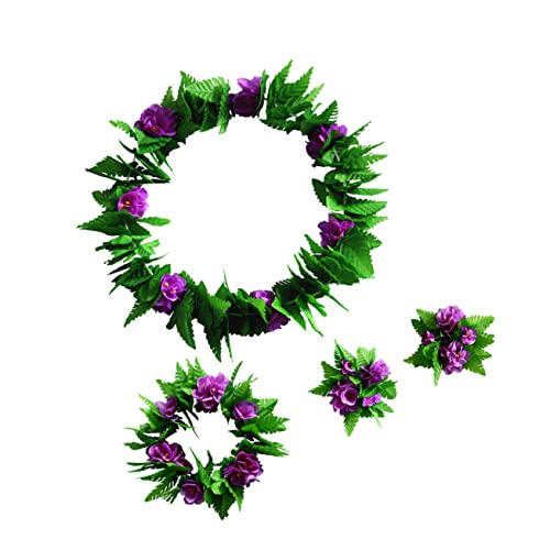 OATIPHO 5st Grünes Outfit Hawaiianische Partydekorationen Künstliche Hibiskusblüten Hawaiianisches Blumenarmband Hawaiischer Partyrock Hawaiianisches Cosplay-kostüm Grüne Girlande Violett von OATIPHO