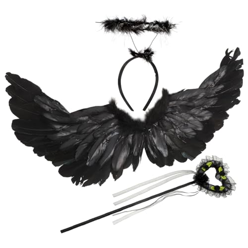 OATIPHO Engelsflügel Set Für Mit Zauberstab Und Heiligenschein Schwarze Federflügel Kostü Accessoires Für ädchen Ideal Für Karneval Halloween Und Cosplay von OATIPHO