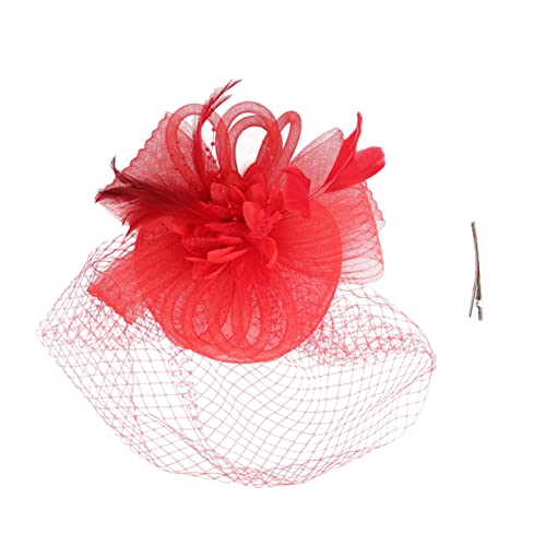 OATIPHO Feder Haarspange Hut Hüte für Frauen Kostüm Stirnbänder Mesh-Schleier-Stirnband halloween kopfbedeckung haarschmuck Fascinators für Frauen Teeparty Tea-Party-Hüte Kunstfedern rot von OATIPHO