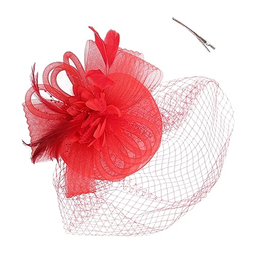 OATIPHO Feder Haarspange Hut Kirchencocktail Stirnbänder Mesh-Schleier-Stirnband Kappe Kleid Zubehör Halloween Kopfbedeckung Haarschmuck Tea-Party-Hüte Fascinator-Stirnband Kunstfedern rot von OATIPHO