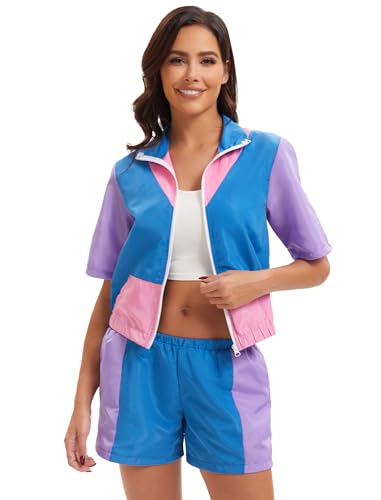 OBEEII 80er 90er Jahre Outfit Damen, 80er Jahre Trainingsanzug Jogginganzug Jacke Hose Anzug Erwachsene Faschingskostüme für Mottoparty Karneval Halloween Bad Taste Party Blau L von OBEEII