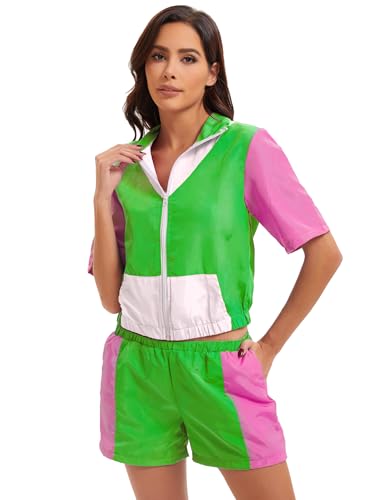 OBEEII 80er 90er Jahre Outfit Damen, 80er Jahre Trainingsanzug Jogginganzug Jacke Hose Anzug Erwachsene Faschingskostüme für Mottoparty Karneval Halloween Bad Taste Party Grün L von OBEEII