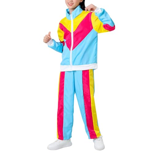 OBEEII 80er 90er Jahre Outfit Jungen Mädchen, Hip Hop Outfit Kinder 80s Jogginganzug Trainingsanzug Sportanzug Jacke Hose Stirnband Anzug für Fasching Karneval Halloween Mottoparty ﻿ Blau L von OBEEII