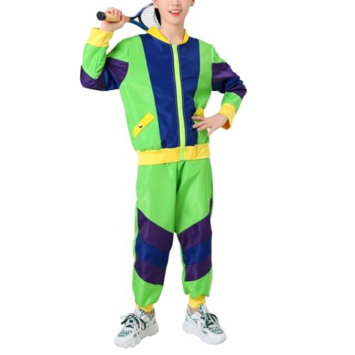 OBEEII 80er 90er Jahre Outfit Jungen Mädchen, Hip Hop Outfit Kinder 80s Jogginganzug Trainingsanzug Sportanzug Jacke Hose Stirnband Anzug für Fasching Karneval Halloween Mottoparty ﻿ Grün M von OBEEII