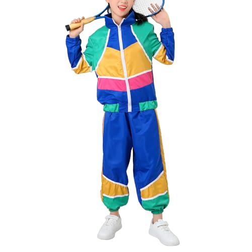 OBEEII 80er 90er Jahre Outfit Jungen Mädchen, Hip Hop Outfit Kinder 80s Jogginganzug Trainingsanzug Sportanzug Jacke Hose Stirnband Anzug für Fasching Karneval Halloween Mottoparty ﻿ Königsblau M von OBEEII