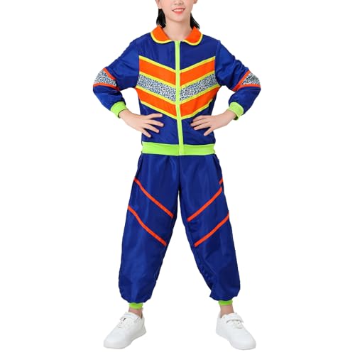 OBEEII 80er 90er Jahre Outfit Jungen Mädchen, Hip Hop Outfit Kinder 80s Jogginganzug Trainingsanzug Sportanzug Jacke Hose Stirnband Anzug für Fasching Karneval Halloween Mottoparty ﻿ Orange L von OBEEII