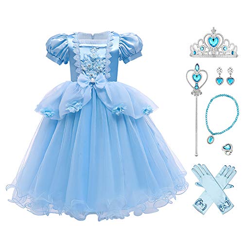 OBEEII Cinderella Kostüm Kinder Aschenputtel Prinzessin Kleid Mädchen Grimms Märchen Verkleidung Karneval Faschingskostüm Cosplay Party Halloween Festkleid 11-12 Jahre von OBEEII