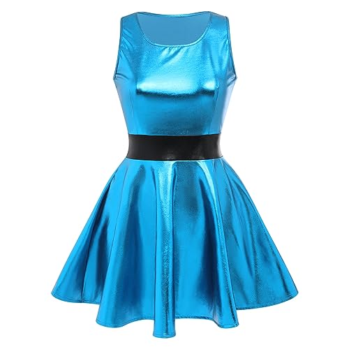 OBEEII Damen Metallic Ärmellos Minikleid A-Linie Holografisch Skater Faltenkleid Partykleid Club Party Disco Rave Outfit Dance Clubwear Halloween Karneval Kostüm blau XL von OBEEII