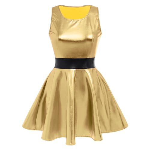 OBEEII Damen Metallic Ärmellos Minikleid A-Linie Holografisch Skater Faltenkleid Partykleid Club Party Disco Rave Outfit Dance Clubwear Halloween Karneval Kostüm gold XL von OBEEII