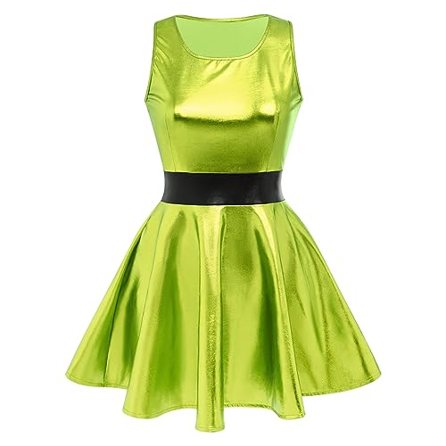 OBEEII Damen Metallic Ärmellos Minikleid A-Linie Holografisch Skater Faltenkleid Partykleid Club Party Disco Rave Outfit Dance Clubwear Halloween Karneval Kostüm grün S von OBEEII