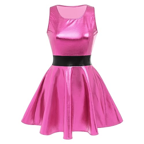 OBEEII Damen Metallic Ärmellos Minikleid A-Linie Holografisch Skater Faltenkleid Partykleid Club Party Disco Rave Outfit Dance Clubwear Halloween Karneval Kostüm rose XS von OBEEII