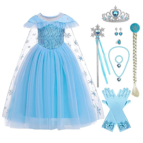 OBEEII ELSA Kleid Prinzessin Kostüm Mädchen Eiskönigi Verkleidung für Kinder Blau Kärmellos Kleidung Karneval Faschingskostüm Cosplay Party Halloween Festkleid Blau02+Accessoires 3-4 Jahre von OBEEII