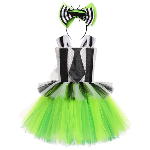 OBEEII Halloween Kostüm für Kinder Schwarz und Weiß gestreiftes Tüll Tutu Kleid Cosplay Kostüm mit Stirnband Karneval Role Play Geburtstag Party Dress Up Kostüm Schwarz Grün 2-3 Jahre von OBEEII