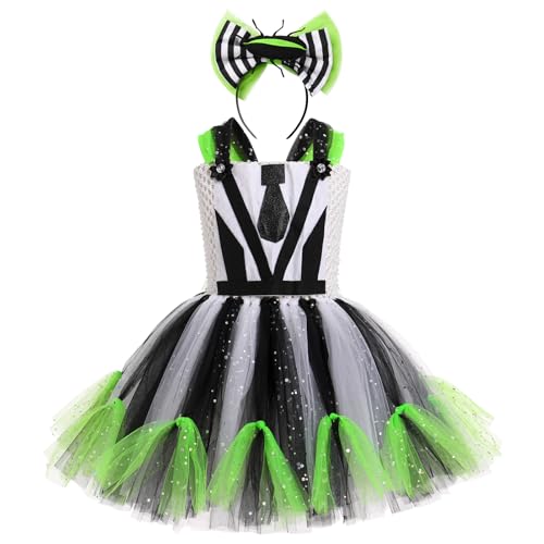 OBEEII Halloween Kostüm für Kinder Schwarz und Weiß gestreiftes Tüll Tutu Kleid Cosplay Kostüm mit Stirnband Karneval Role Play Geburtstag Party Dress Up Kostüm Schwarz Weiß 10-12 Jahre von OBEEII