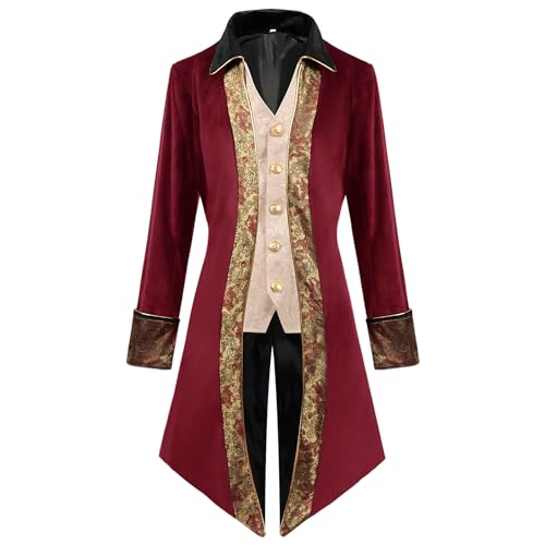 OBEEII Herren Steampunk Frack Mantel Vintage Mantel Mittelalter Gehrock Jacke Viktorianischen Karneval Kostüm Cosplay Halloween Fashing Smoking Kostüm Rot03 L von OBEEII