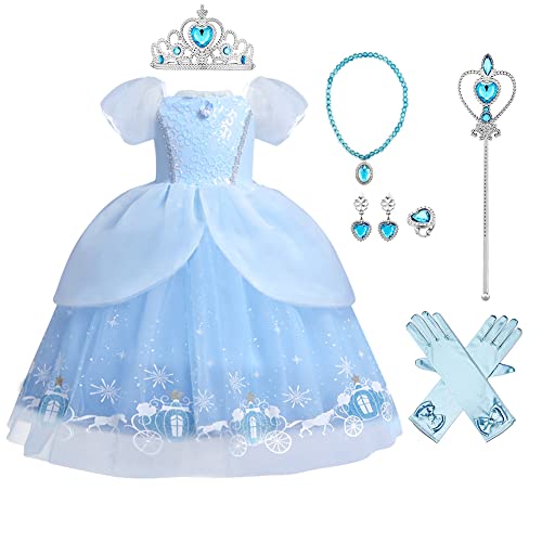 OBEEII Madchen Cinderella Kleid Karneval Kostüm Kinder Aschenputtel Prinzessin Kleid Verkleidung Faschingskostüm Cosplay Party Halloween Festkleid Blau04+zubehör 5-6 Jahre von OBEEII