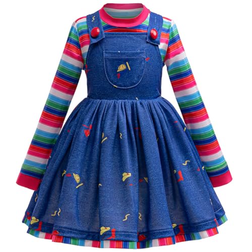 OBEEII Mädchen Halloween Kostüm Blau Cartoon Langarm gestreiftes T-Shirt Oberteil und Rüschenrock Overalls Kleid Cosplay Party Karneval Verkleidung Blau 2-3 Jahre von OBEEII