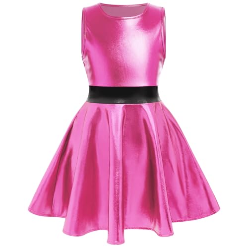 OBEEII Mädchen Metallic Ärmellos Minikleid A-Linie Holografisch Skater Faltenkleid Partykleid Party Rave Outfit Dance Karneval Halloween Kostüm Rose 11-12 Jahre von OBEEII