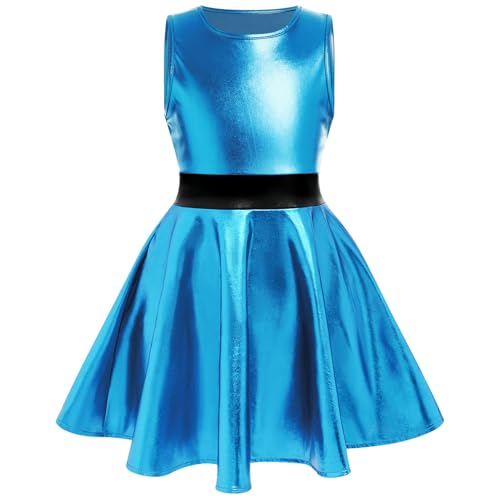 OBEEII Mädchen Metallic Ärmellos Minikleid A-Linie Holografisch Skater Faltenkleid Partykleid Party Rave Outfit Dance Karneval Halloween Kostüm blue 5-6 Jahre von OBEEII