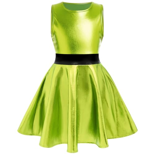 OBEEII Mädchen Metallic Ärmellos Minikleid A-Linie Holografisch Skater Faltenkleid Partykleid Party Rave Outfit Dance Karneval Halloween Kostüm green 9-10 Jahre von OBEEII