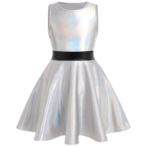 OBEEII Mädchen Metallic Ärmellos Minikleid A-Linie Holografisch Skater Faltenkleid Partykleid Party Rave Outfit Dance Karneval Halloween Kostüm silver 11-12 Jahre von OBEEII