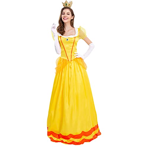 OBEEII Peach Prinzessin Kleid Damen Puffärmel Langes Kleid mit Handschuhen Krone Erwachsene Pfirsich Kostüm 3tlg Halloween Karneval Cosplay Kostüm Gelb Large von OBEEII