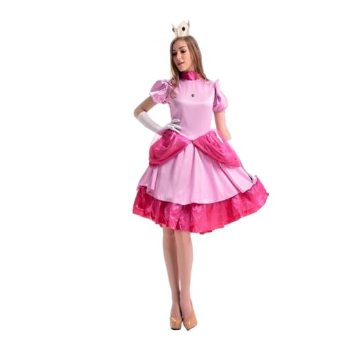 OBEEII Peach Prinzessin Kleid Damen Puffärmel Langes Kleid mit Handschuhen Krone Erwachsene Pfirsich Kostüm 3tlg Halloween Karneval Cosplay Kostüm Rosa 02 Einheitsgröße von OBEEII