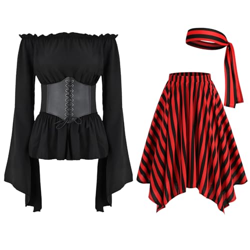 OBEEII Piratenkostüm Damen Mittelalter Wikinger Pirate Kleidung Off Shoulder Bluse + Korsettgürtel + Kopftuch + Streifen Rock Piraten Kostüm 4Stück Frauen für Halloween Cosplay Karneval Schwarz 2XL von OBEEII