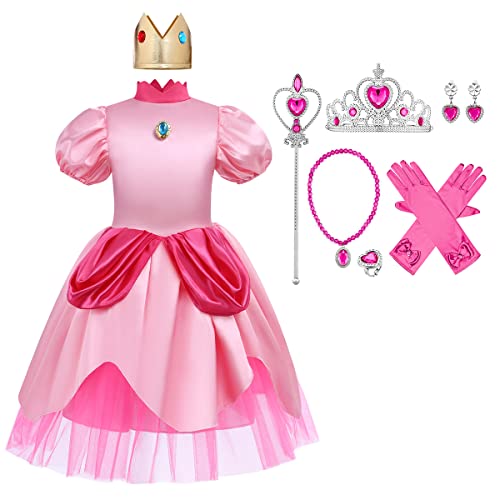 Super Brothers Kostüm Prinzessin Peach Kleid für Mädchen mit Krone Cosplay Karneval Halloween Party Dress Up Outfit Rosa + Zubehör 5-6 Jahre von OBEEII