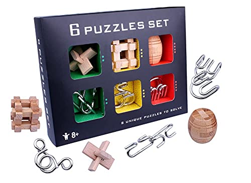 OBEST 6 Stück Holzpuzzle und Metall Puzzle Knobelspiele Set, 3D IQ Test Mind Game Spielzeug, Logikspiele Metalldraht Holzspielzeug Denkspiel Geschenke für Kinder Teenager & Erwachsene von OBEST