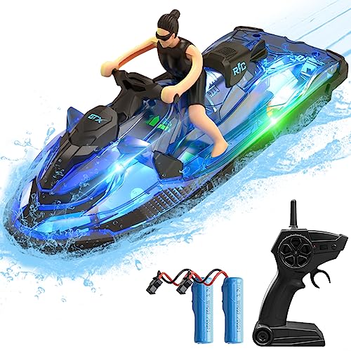 OBEST 2,4 GHz ferngesteuertes Motorboot, ferngesteuertes Boot, mit LED-Leuchten und Simulationspuppen, 2 Batterien, Spielzeug für Erwachsene/Kinder, geeignet für Schwimmbäder und Seen von OBEST