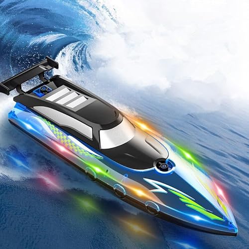 OBEST Ferngesteuerte SpeedBoot RC Boot, Hohegeschwindigkeit RC Wasserdichtes Boot mit LED-Licht, 2,4-GHz-Rennboote für Pools und Seen mit 2 Akku Spielen, Rudern-Spielzeug für Kinder&Erwachsene von OBEST