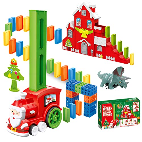 OBEST Christmas Domino-Zug Spielzeug Set, 120Pcs Automatisch Domino Elektrischer Weihnachten Musical Zug, Santa's 48Pcs Domino StapelBlöcke und Haus, Lernspielzeug Zug Geschenk für Kinder ab 3 Jahren von OBEST